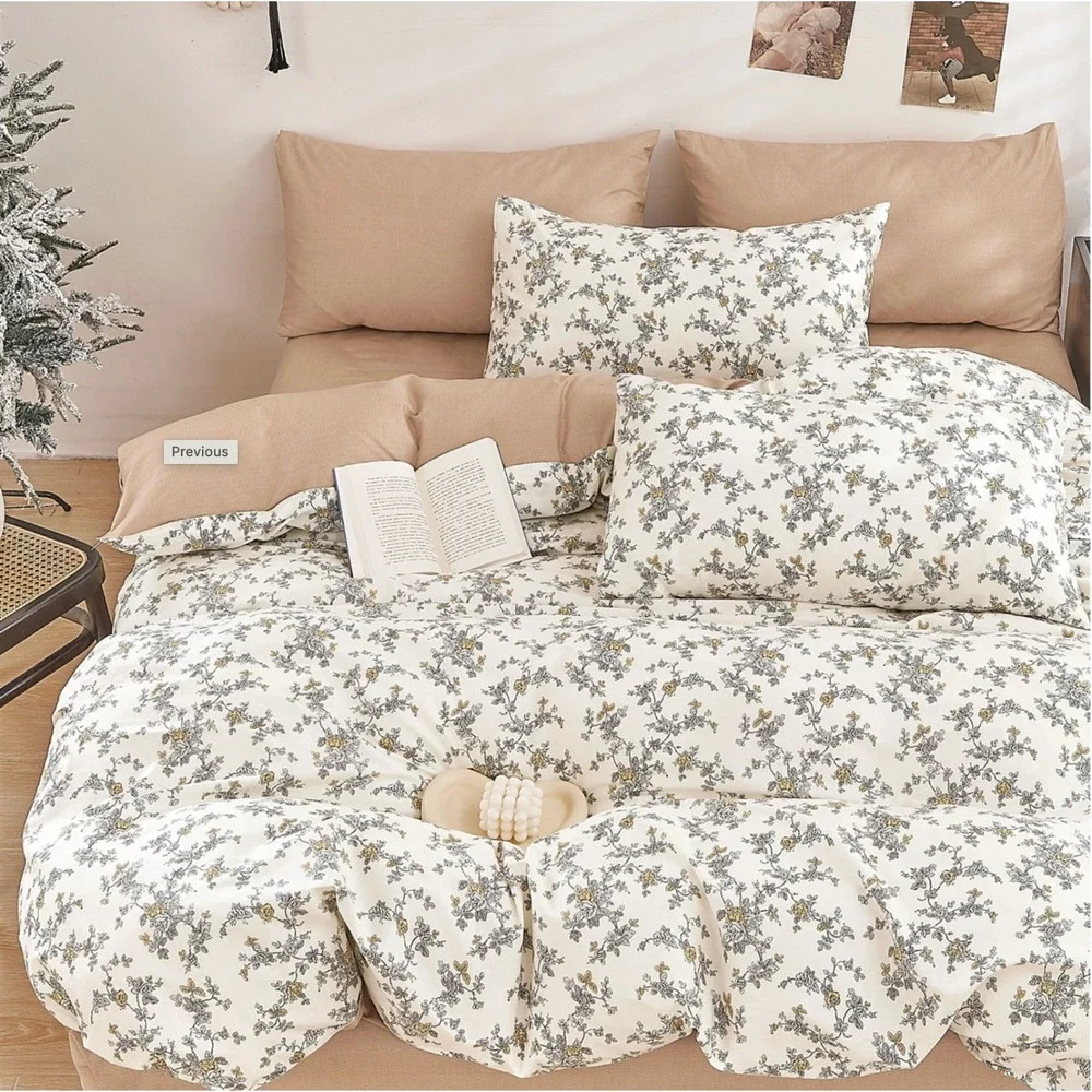 Demi-Dusk Gray White Brown Floral 100% Cotton‎ Reversible Comforter Set Queen
